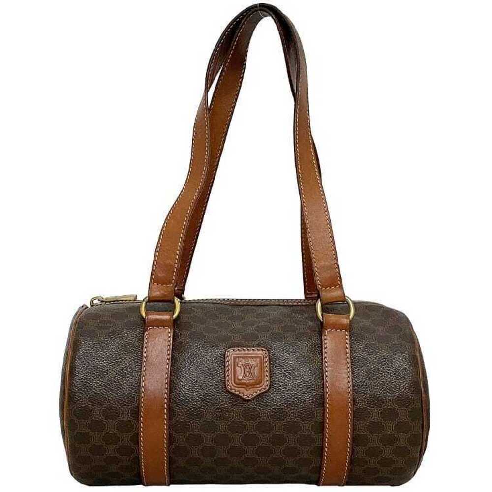 Celine Boston Bag Brown Macadam Handbag Leather Shoulder Logo All over Zipper